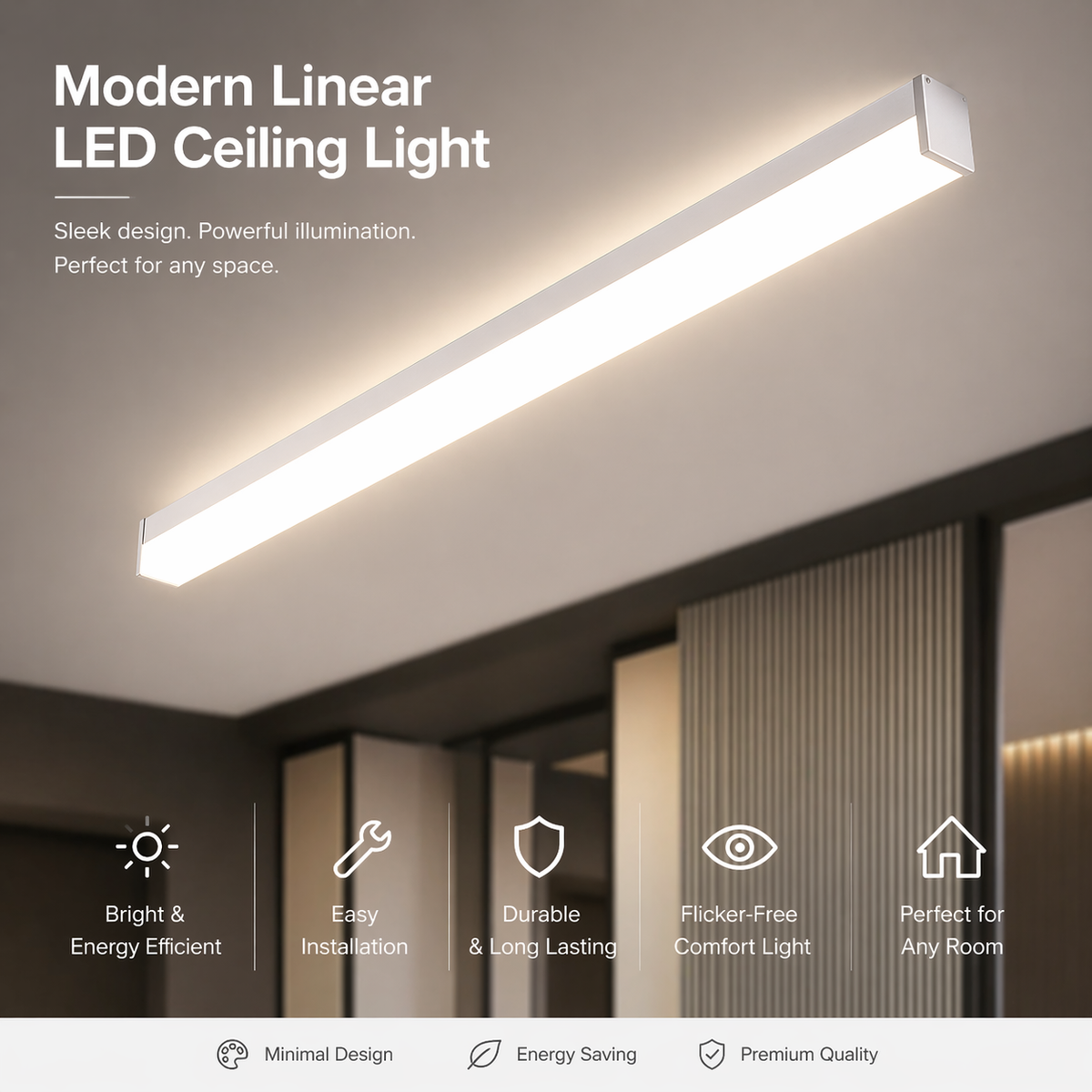 4FT Tritone LED Linear Ceiling Light | Modern Surface Mount Linear Light | Tri-Colour LED Light for Home & Office