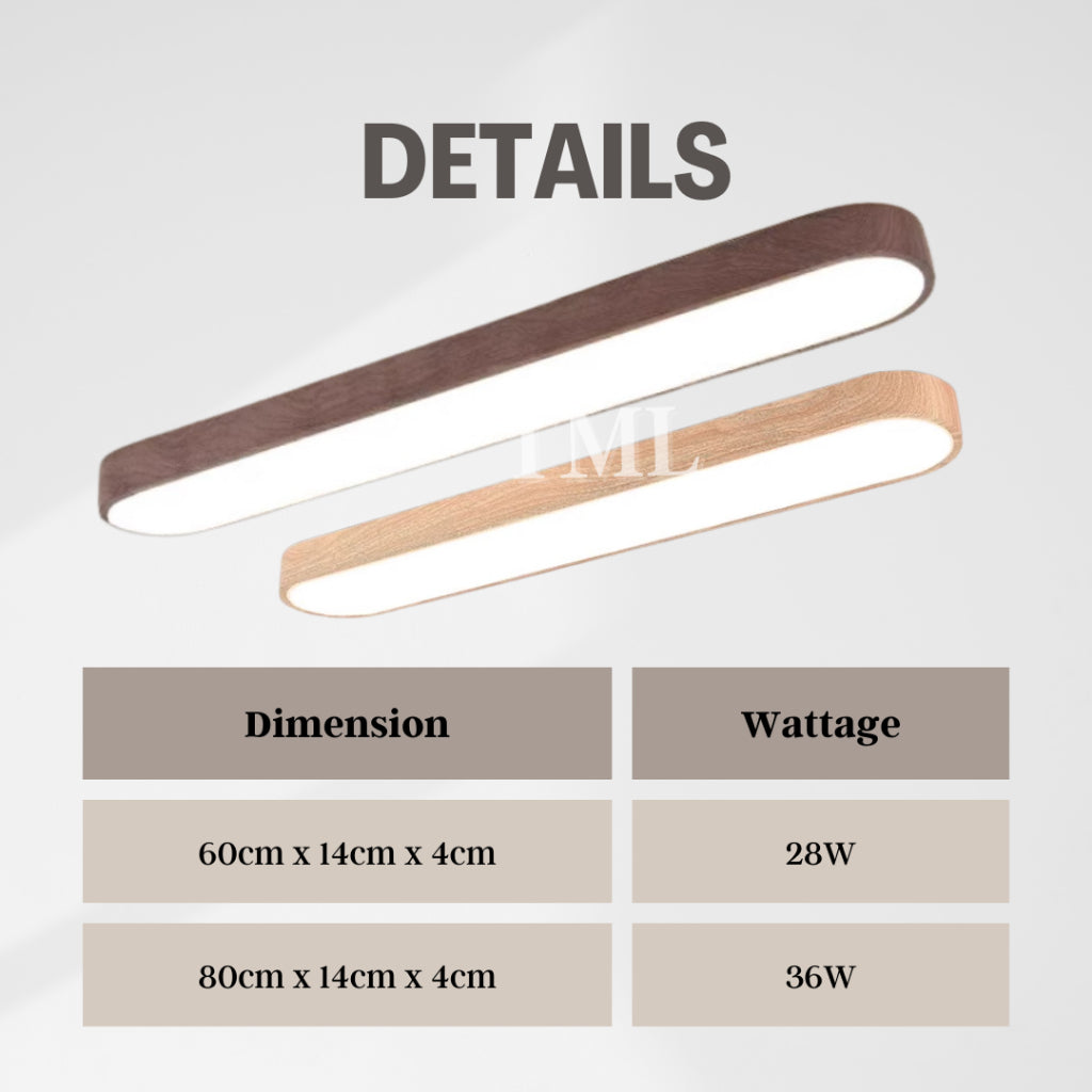 Nordic Minimalist LED Linear Ceiling Light | Wood Print Surface Mounted Light | Tritone 3000K–6500K
