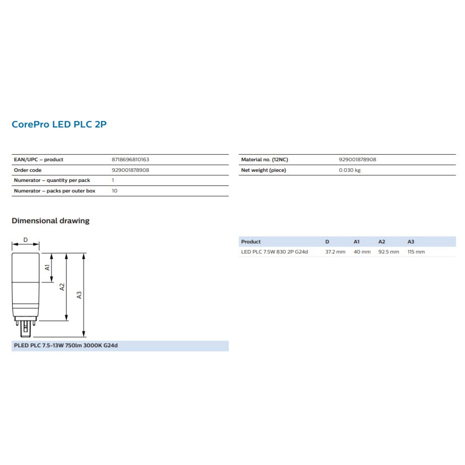[Bundle of 4] Philips LED PL-C PLC 2P 2Pin G24D 7.5W 9W MyCare Retrofit for 13W 18W PLC fluorescent tube 4HOME SINGAPORE - 4HOME