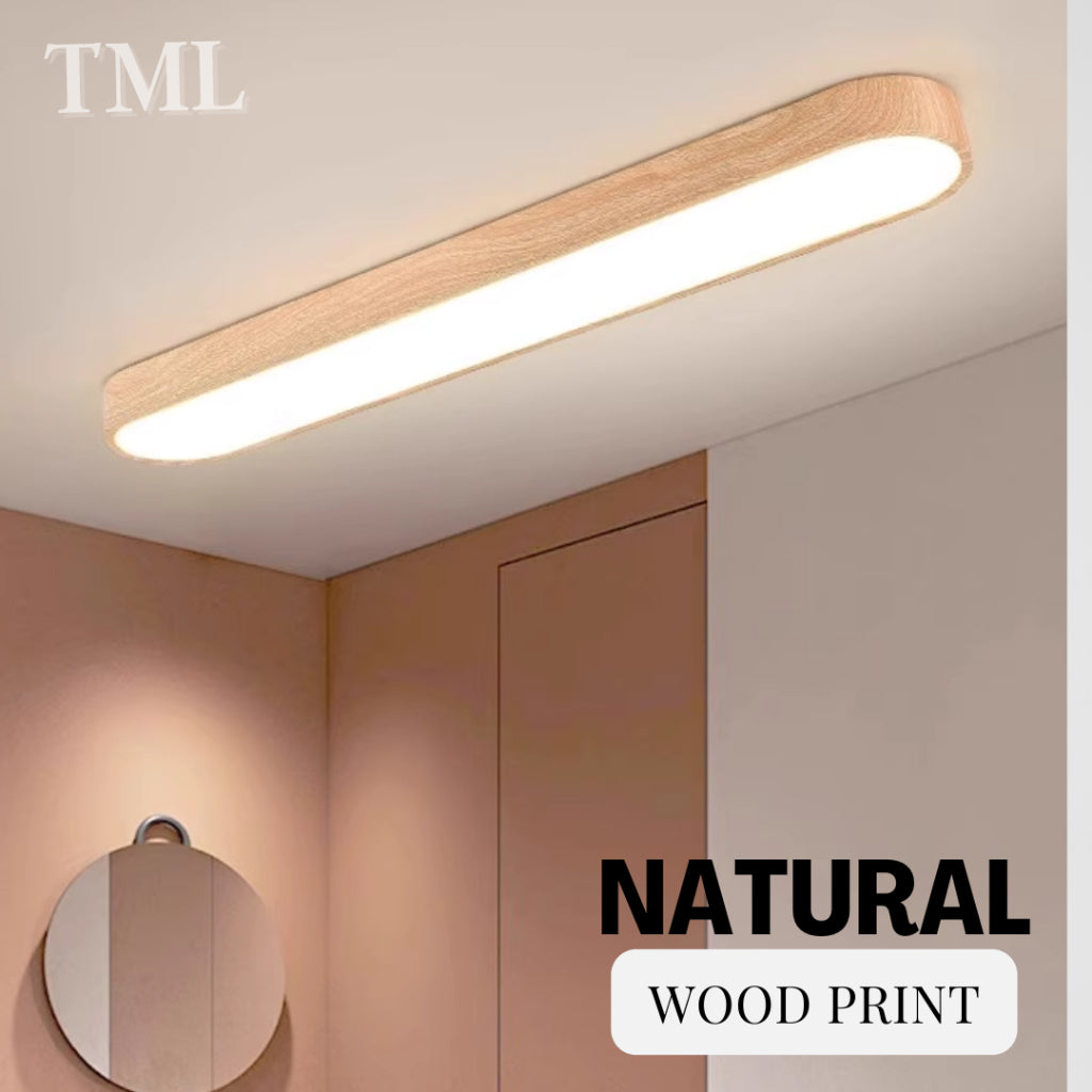 Nordic Minimalist LED Linear Ceiling Light | Wood Print Surface Mounted Light | Tritone 3000K–6500K