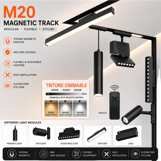 m20 black white magnetic track light 48v recessed and surface mount
