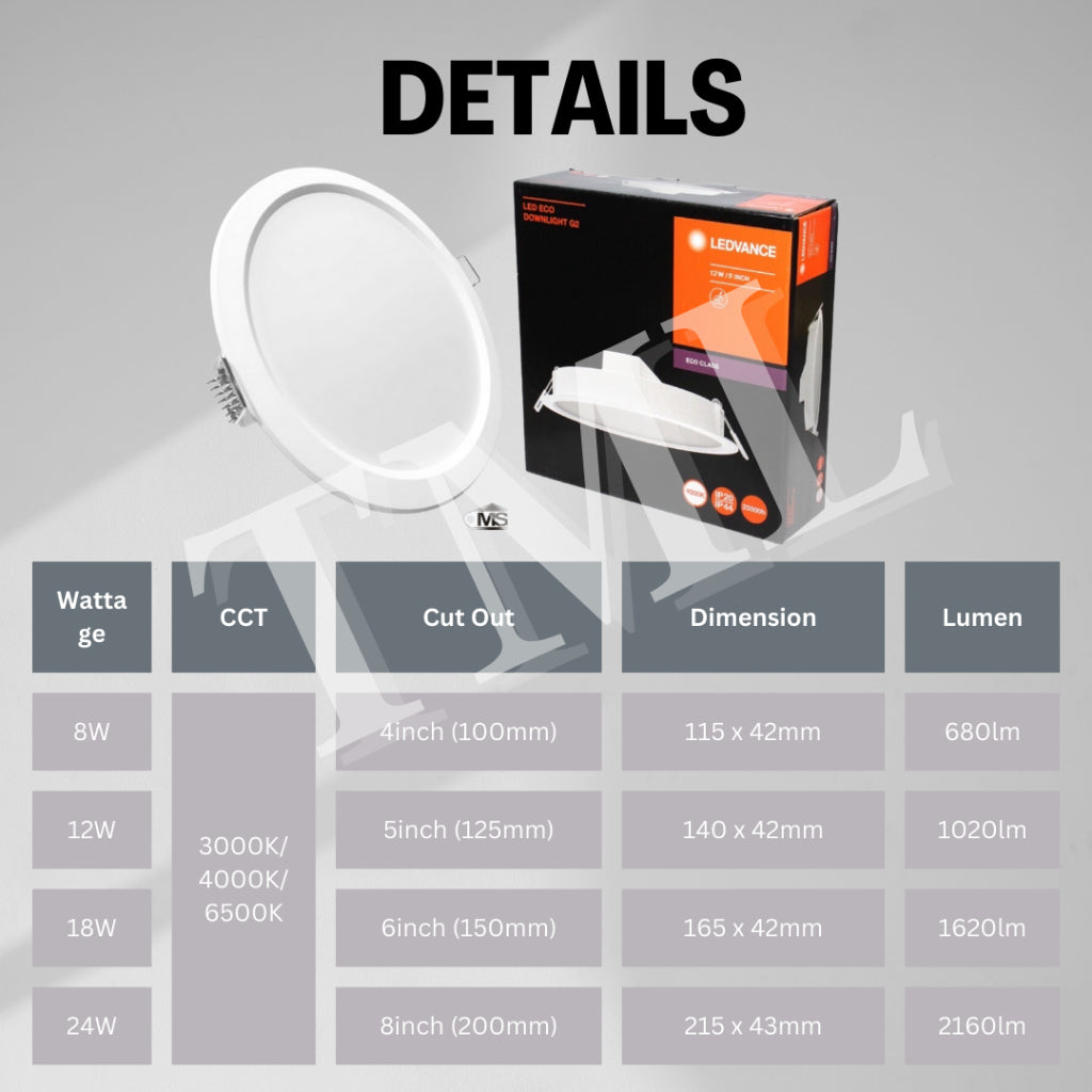 LEDVANCE Premium Led downlight 8W 12W 18W 24W 4" 5" 6" 8" ECO Gen 2 4HOME SINGAPORE - 4HOME
