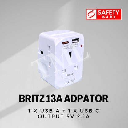 Britz 13A 3 Way Adaptor with 2 x USB Port USB A USB C (Safety Mark) 4HOME SINGAPORE - 4HOME