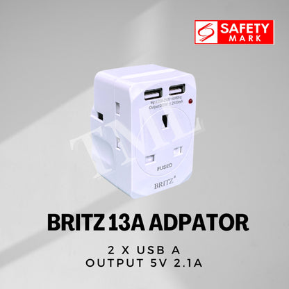 Britz 13A 3 Way Adaptor with 2 x USB Port USB A USB C (Safety Mark) 4HOME SINGAPORE - 4HOME