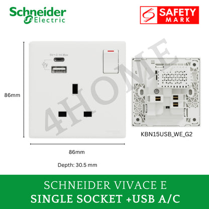 Schneider Vivace E White Single Double Socket with USB A USB C– Singapore Safety Mark Frameless Design