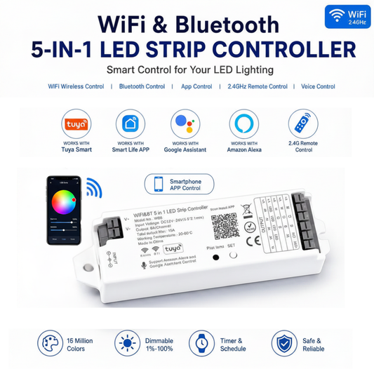 WiFi Bluetooth 5-in-1 LED Strip Controller compatible with Tuya Smart Life, Google Assistant, Amazon Alexa and 2.4GHz RF Remote for RGB, RGBW and CCT LED Strip Lights