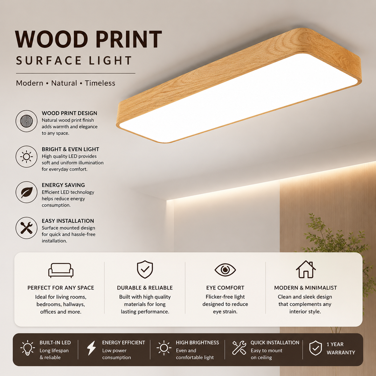 48W/72W Nordic Wood Design LED Ceiling Light Rectangular 60cm * 20cm